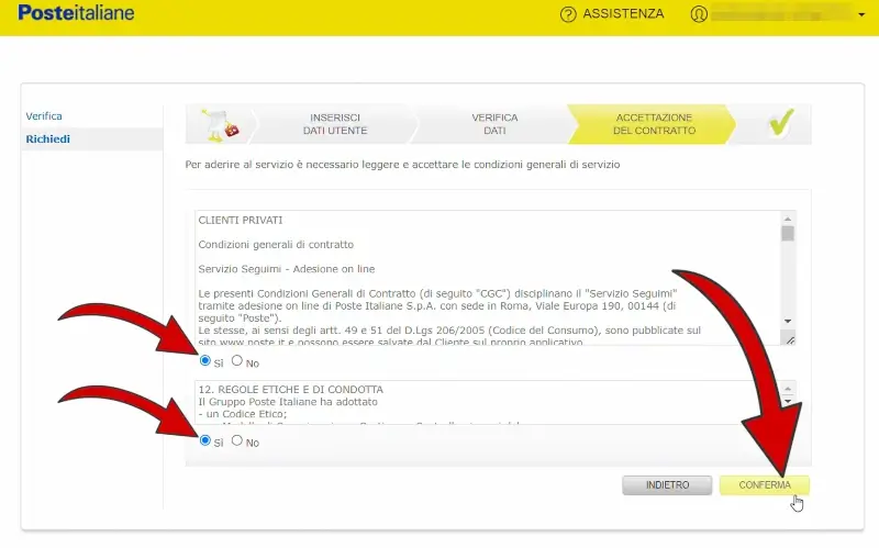 9 - ora bisogna accettare il contratto del servizio seguimi tramite adesione online