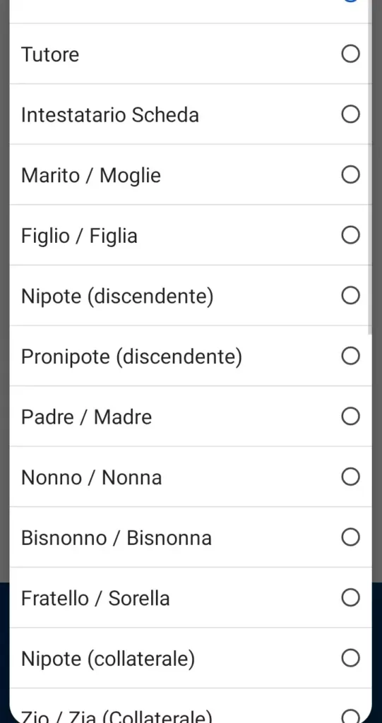 Passaggio 9 - selezionare il grado di parentela con il componente coinvolto nel cambio residenza