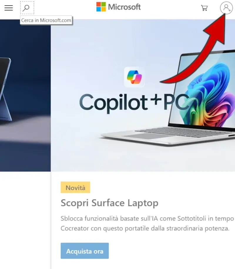Vai sul sito di Microsoft e clicca sul simbolo dell'omino per creare un account.