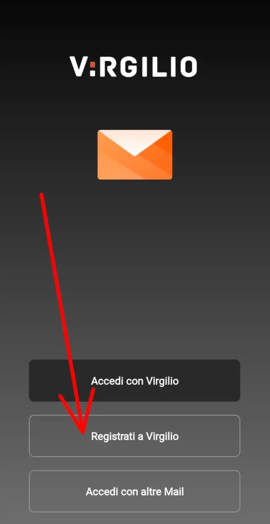 13 - da applicazione Virgilio per creare una email clicca su "Registrati a virgilio"