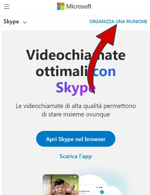 1 - usare Skype senza registrarsi: vai sul sito e clicca su organizza una riunione