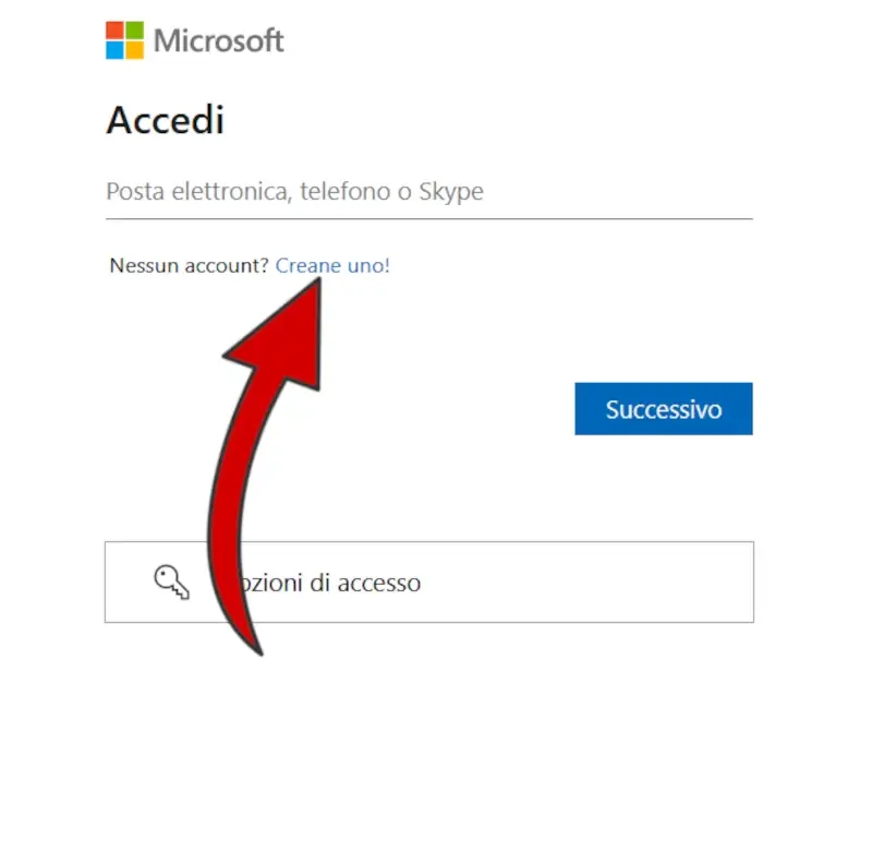 Dalla pagina di accesso microsoft, clicca su creane uno, di fianco a nessun account?