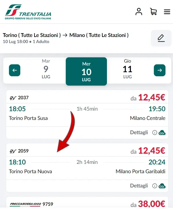 2 - sceglie e seleziona il viaggio per cui vuoi acquistare il biglietto del treno