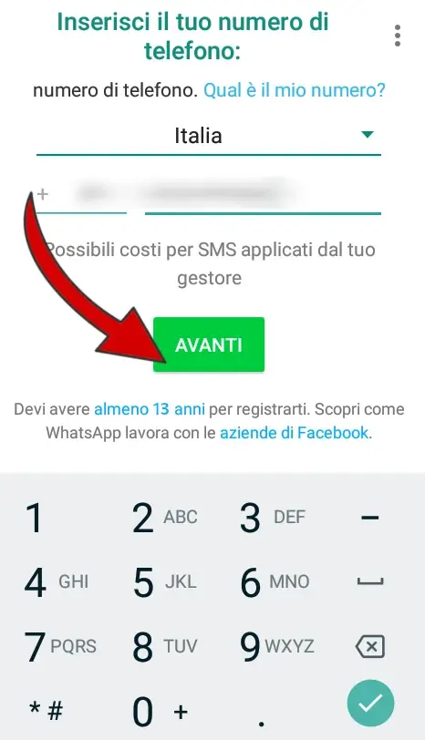 2 - devi inserire il tuo numero di telefono da associare a WhatsApp