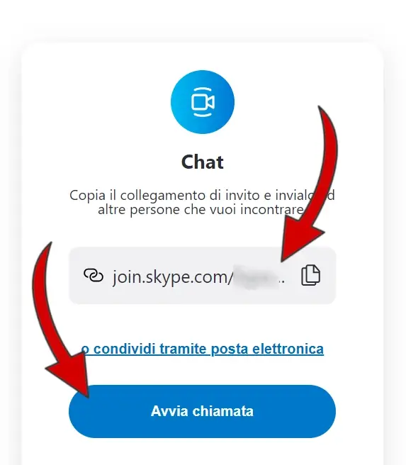 3 - copia il link della chat e avvia la chiamata gratis con Skype