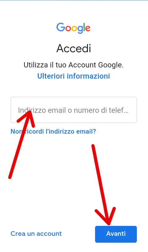 Passaggio 2 - inserisci la tua mail o il numero di telefono del account Google.