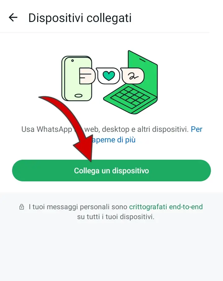 3 - clicca su collega un dispositivo e inquadra il Qr code di whatsapp sul computer