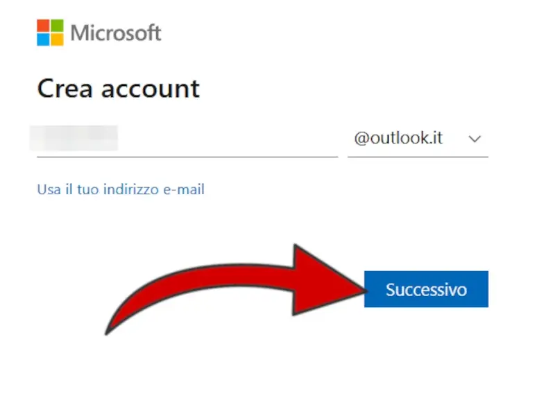 Inserisci la mail che vuoi usare per creare il tuo account Microsoft.