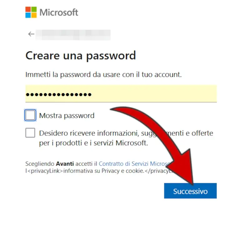 Crea una passoword per il tuo account Microsoft.