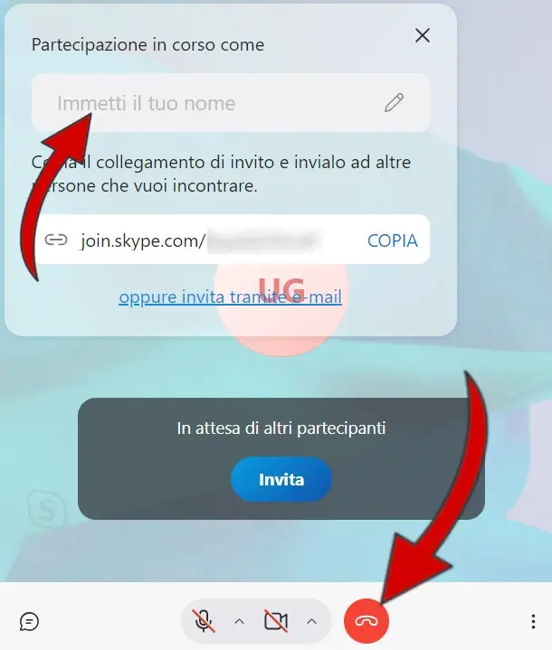 5 - scrivi il tuo nome e condividi il link per usare Skype senza registrarsi