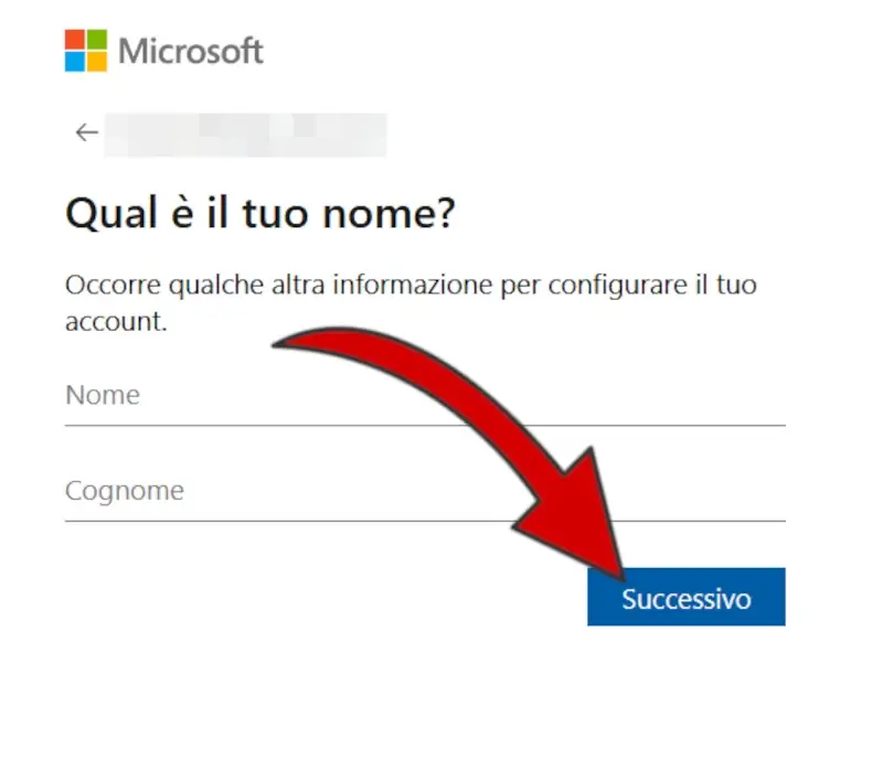 Inserisci il nome e cognome per iscriverti, poi clicca successivo.