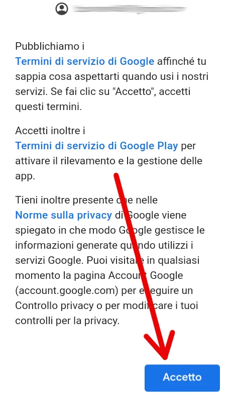 Passaggio 4 - accetta e definisci le impostazioni del tuo account Google per il Play Store