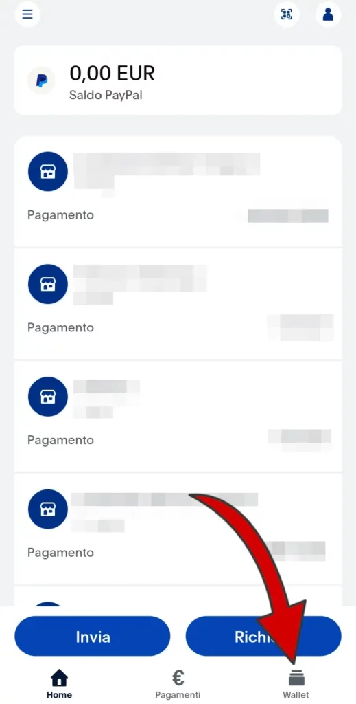 Dall'applicazione PayPal, effettua l'accesso e clicca su Wallet dalla pagina principale