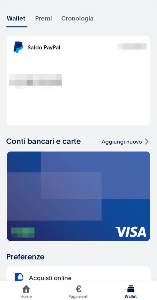 Dal wallet puoi vedere tutte le info e le opzioni di gestione del tuo conto PayPal