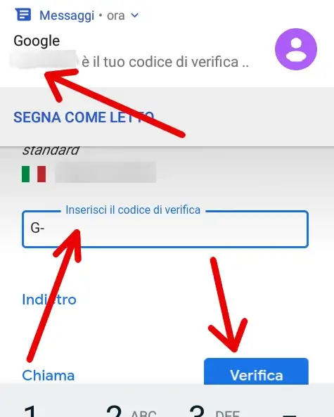 8 - inserisci il codice di verifica ricevuto per mail (aprire account Google)