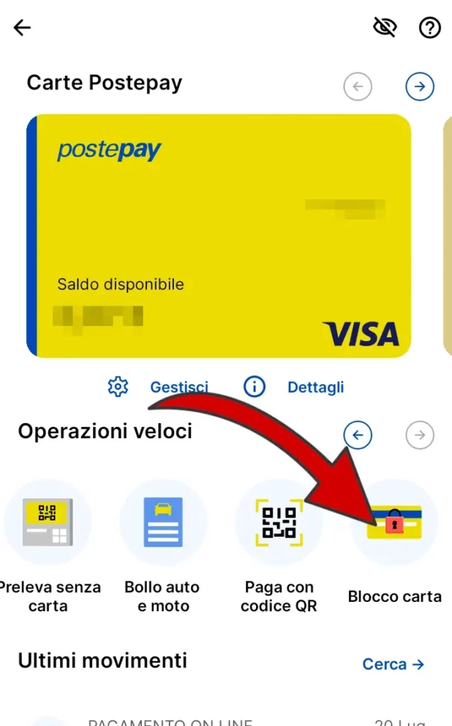 Apri l'app PostePay, trascina il menù orizzontale sotto alla carta e clicca su "Blocco carta".