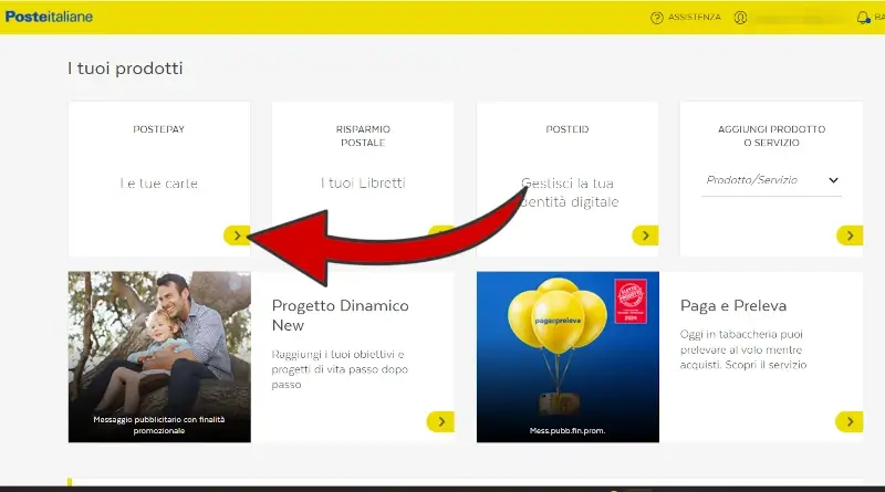 Dall'area personale scorri verso il basso e clicca su "Postepay le tue carte".