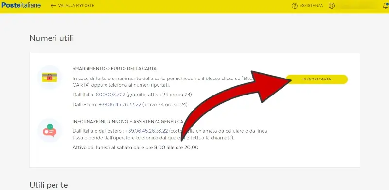 Nella sezione numeri utili, clicca su "Blocco carta".