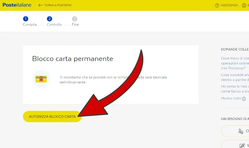 Clicca su autorizza blocco carta, temporaneo o definitivo.