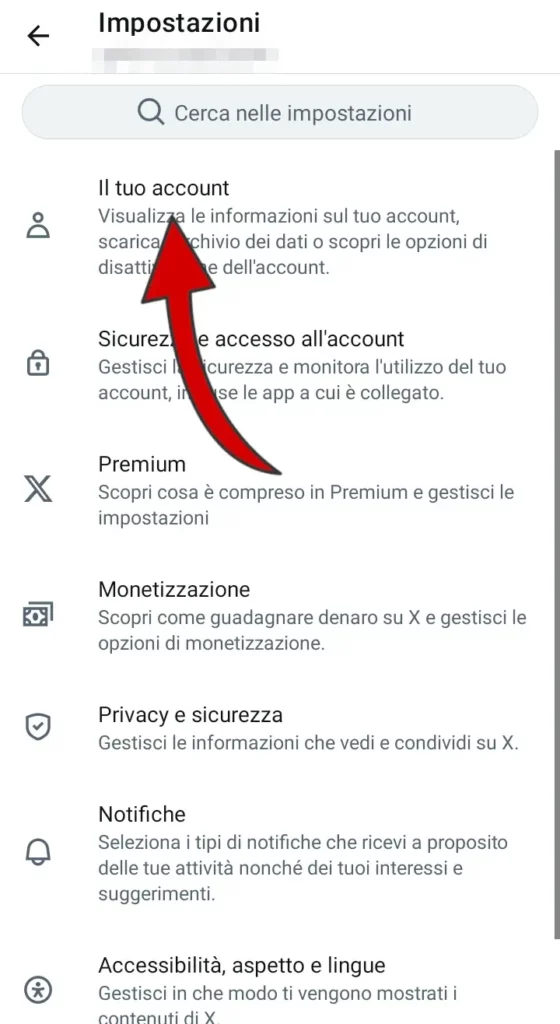 Clicca su il tuo account per andare alle impostazioni tra cui quella per scaricare e per disattivare il profilo.