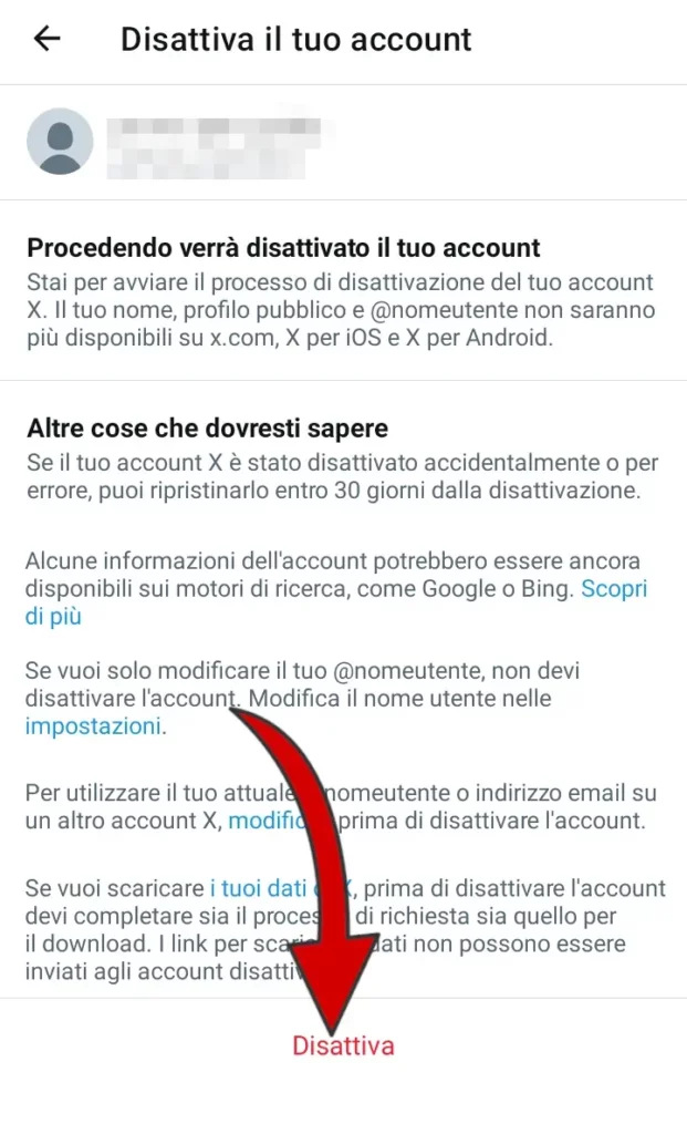 Clicca su disattiva per cancellarti da X.