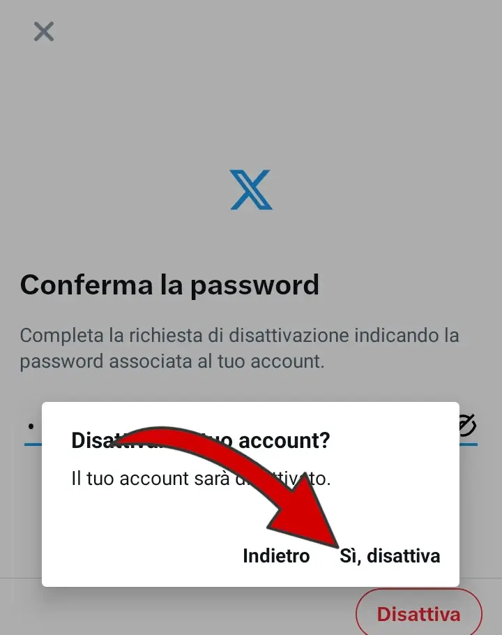 Clicca su si disattivare per terminare la cancellazione dell'account X.