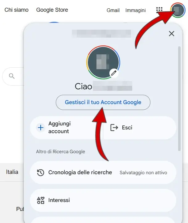 Tramite l'account Google, clicca sulla tua iniziale, e poi su gestisci il tuo account.