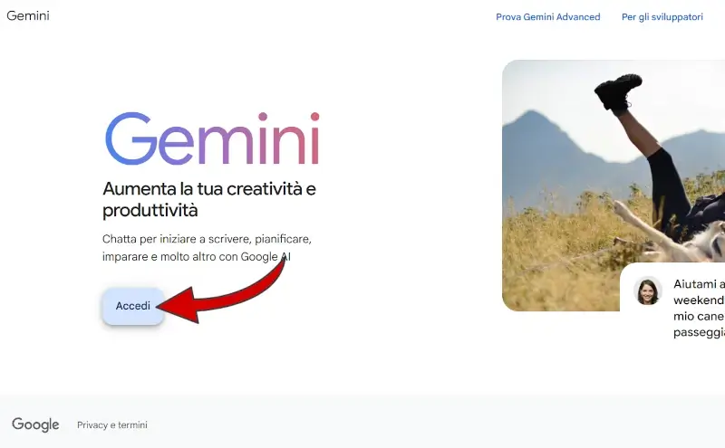 Accedi al tuo account Google per usare Gemini Ai da pc sul sito.