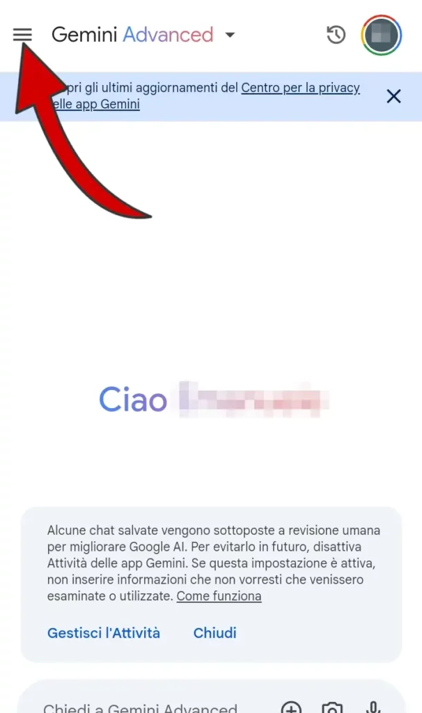 Da Telefono o app, apri le impostazioni di Gemini cliccando sulle tre linee in alto a sinistra.