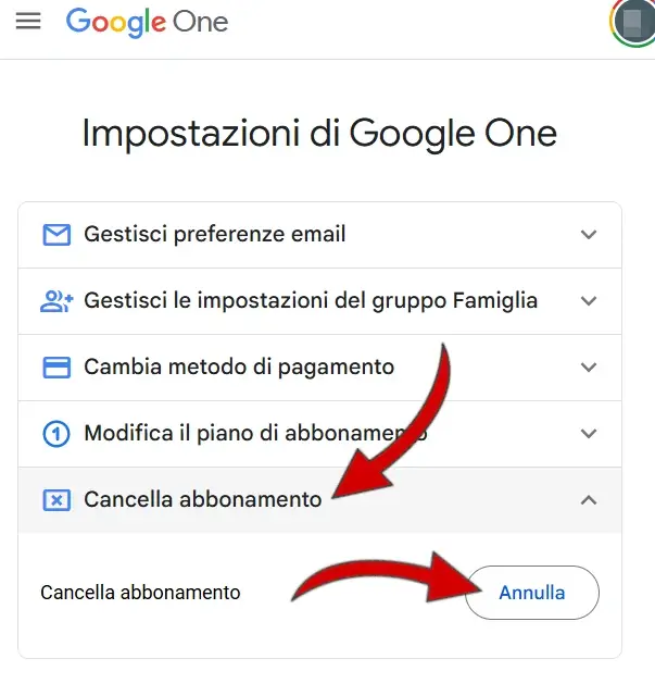 Clicca su cancella abbonamento e poi su annullare per annullare il rinnovo automatico di Google.