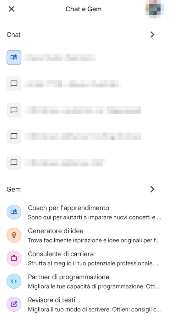 Puoi riprendere chat precedenti e usare i Gem di gemini.