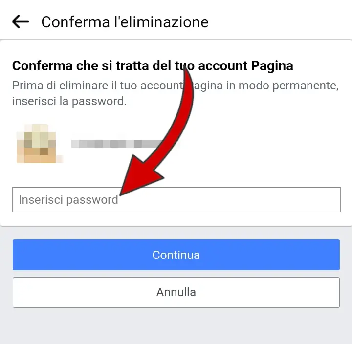 Inserisci la password di Facebook per confermare l'eliminazione o disattivazione della pagina.