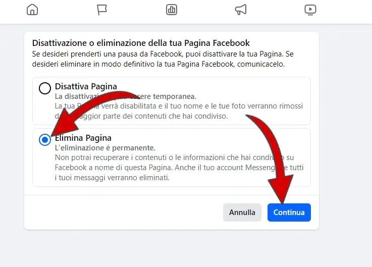 Per cancellare la pagina, seleziona elimina pagina e poi clicca su continua.