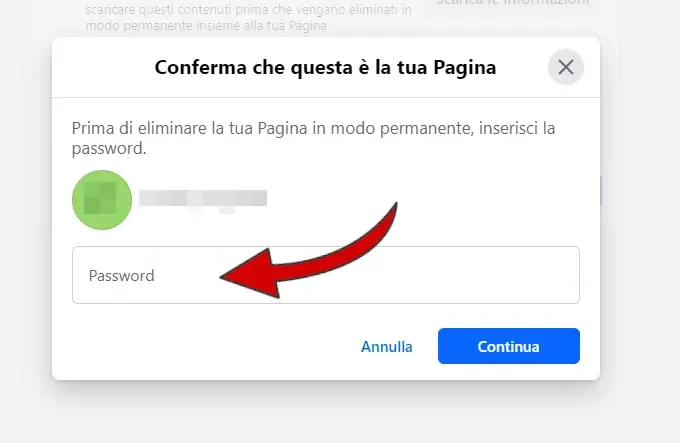 Inserisci la tua password per sicurezza per terminare l'eliminazione della pagina Facebook.