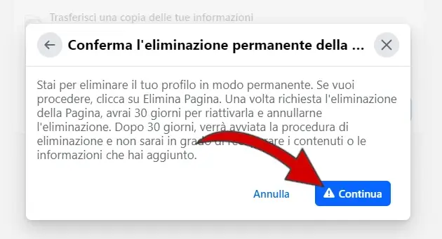 Clicca su Continua nel messaggio di conferma per eliminare definitivamente la pagina.