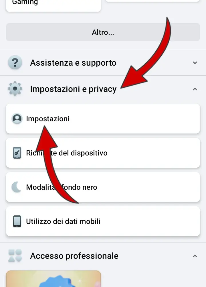 Dalla home, scorri verso il basso e clicca su impostazioni. Poi su impostazioni e privacy.