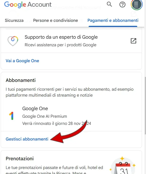 Clicca su Gestisci abbonamenti per disattivare l'abbonamento a Gemini Advanced e Google One.