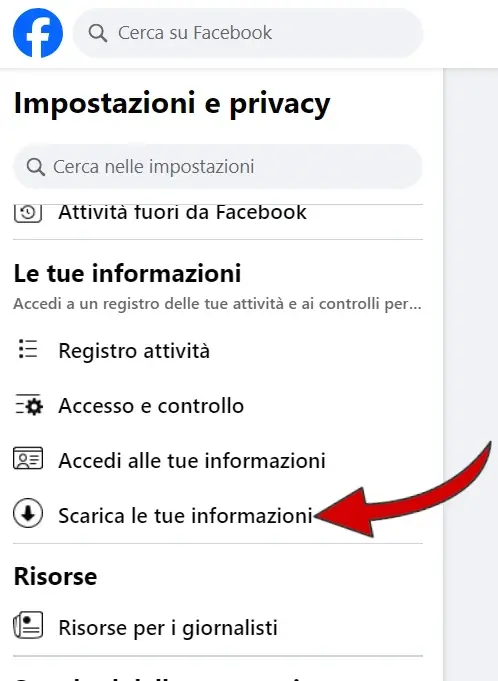 Nella nuova pagina, scorri il menù di sinistra verso il basso fino a trovare "Scarica le tue informazioni" su cui cliccare.