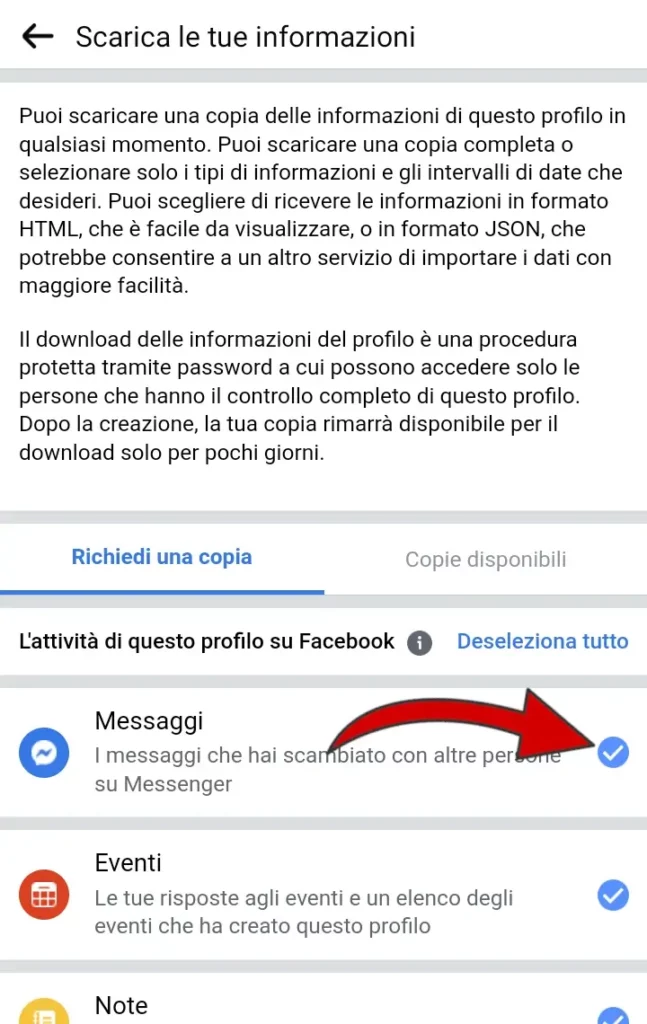 Scegli quali contenuti associati alla tua pagina aggiungere al file da scaricare da Facebook.