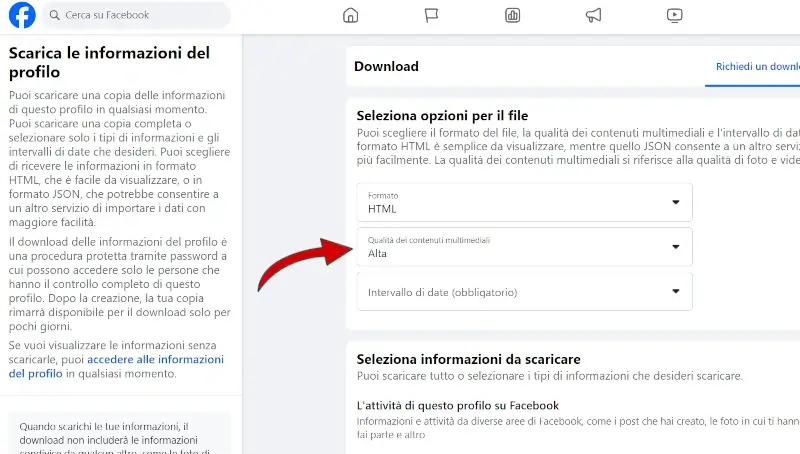 Scegli il formato, la qualità e le date dei contenuti da scaricare della tua pagina Facebook.