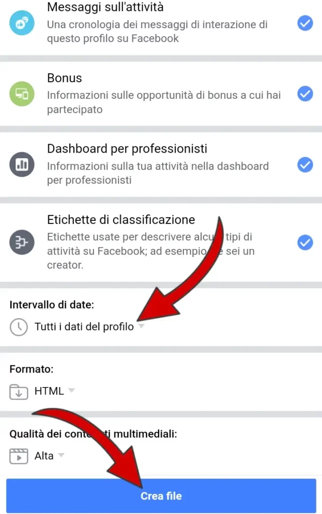 Indicata l'intervallo di tempo, il formato e la qualità del file che scaricherai con la tua pagina Facebook.