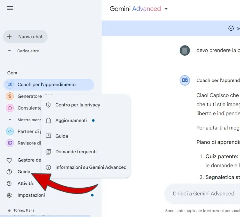 Cliccando su guida puoi accedere a integrazioni informative e di aiuto per l'utilizzo di Gemini.