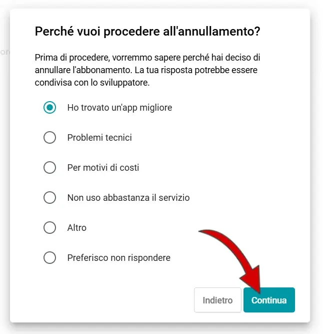 Indica un motivo per cui vuoi disattivare Gemini Advanced e clicca su Continua.