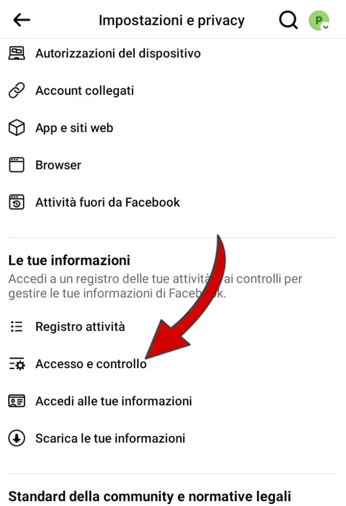 Per eliminare o disattivare la pagina facebook clicca su accesso e controllo.