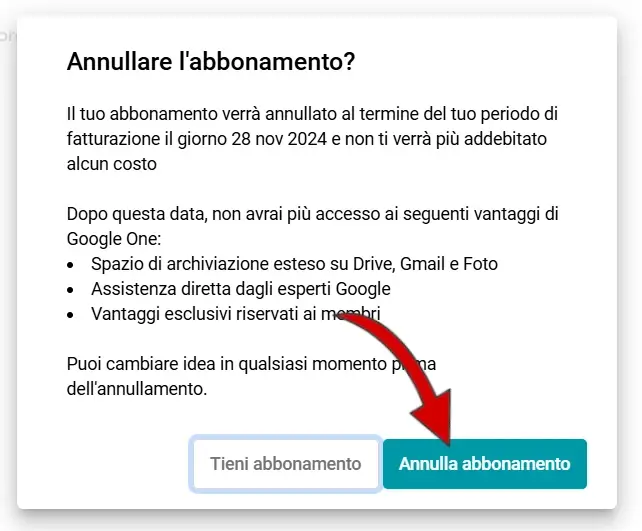 Clicca su annulla abbonamento. Potrai continuare a usare Gemini advanced fino alla data di rinnovo.