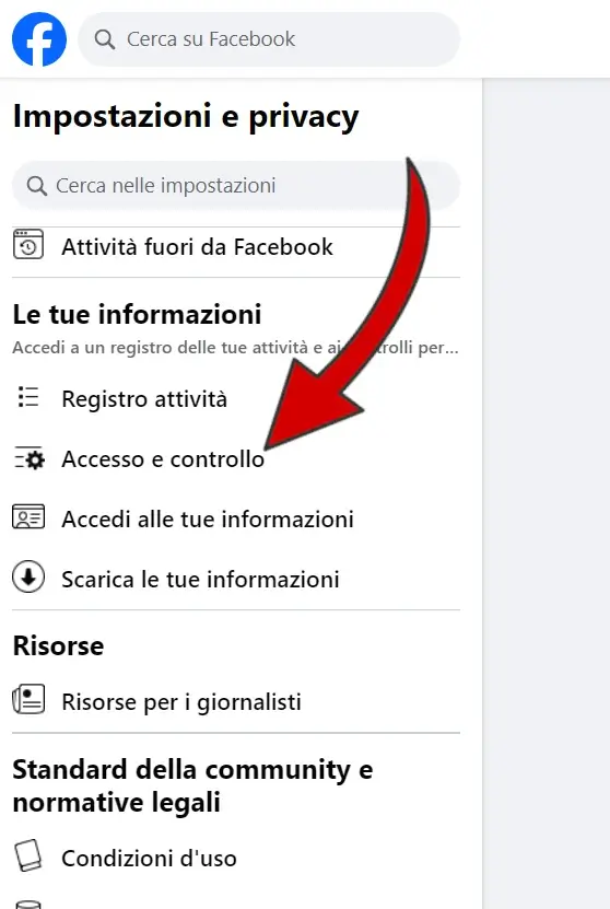 Per disattivare la pagina, clicca su accesso e controllo.