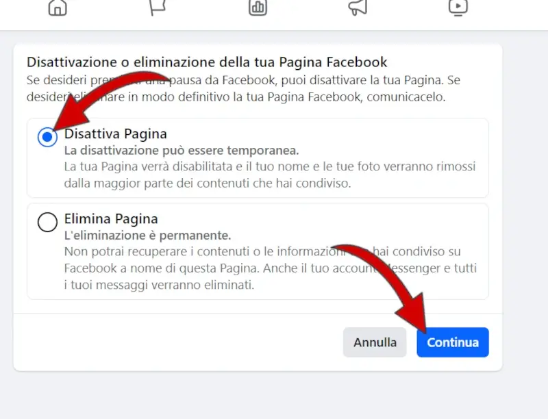 Seleziona disattiva pagina e clicca su continua.