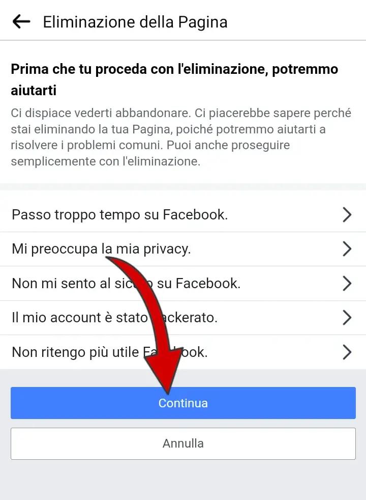 Indica il motivo per cui vuoi eliminare la pagina facebook e clicca su continua