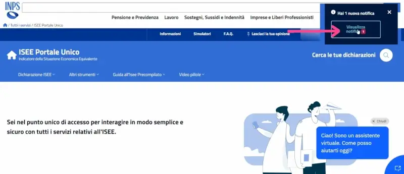 Passaggio 1 Fase 2 Isee precompilato online 2025 - vai sul sito inps, effettua l'accesso, e clicca sulla notifica.