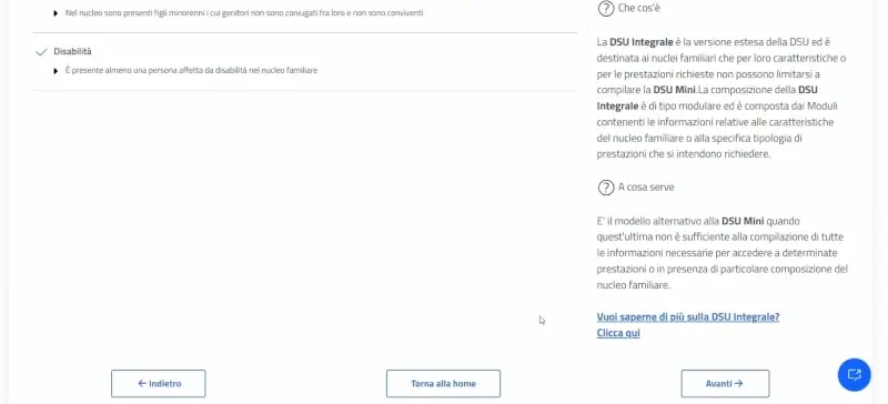 Passaggio 15 Le risposte determineranno se verrà compilata la dsu mini o quella integrale, clicca su avanti.